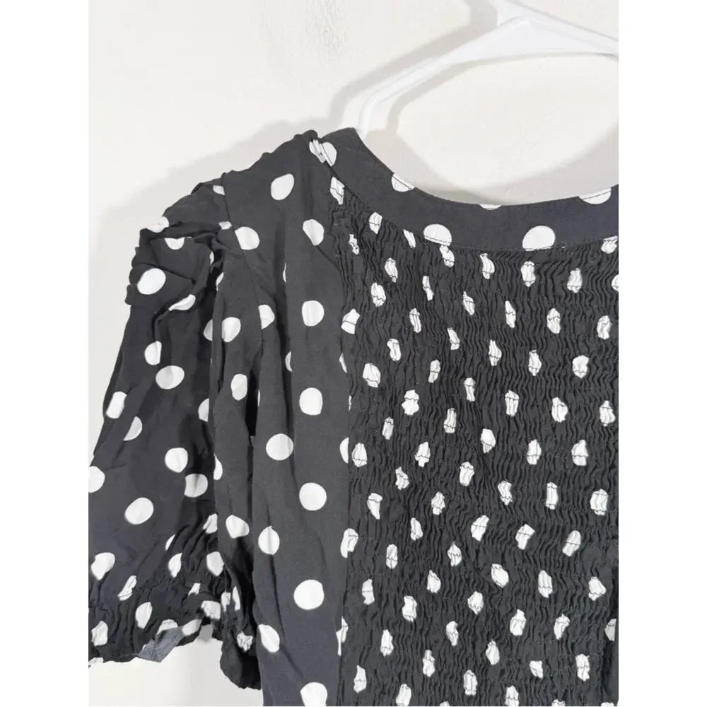 Zara Black White Polka Dot Faux Pearl Button Puff Sleeve Smocked Crop Top Small